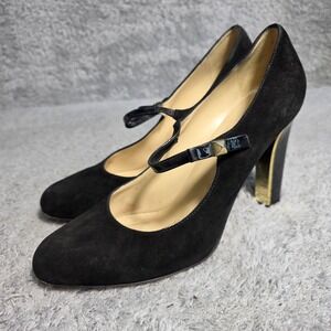 Kate Spade Black Heels Suede Mary Jane Vero Cuoio Gold Accent Heel Size 10